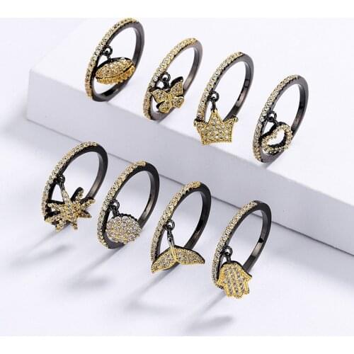 2021 New Micro-inlaid Zircon Pendant Ring Female Personality Black Gold Two-tone Jewelry Fashion Different Shape Pendant Ring