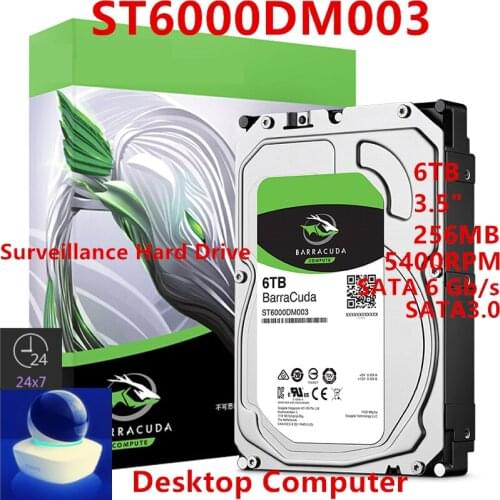 New HDD For Seagate Brand BarraCuda 6TB 3.5" SATA 6 Gb/s 256MB 5400RPM For Internal HDD For surveillance HDD For ST6000DM003