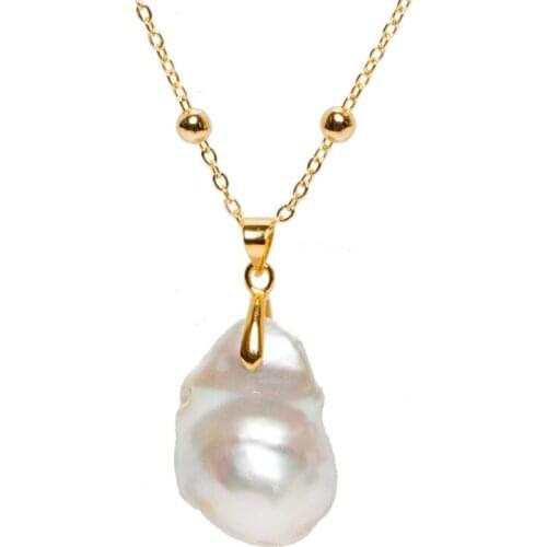 ICNWAY Natural Big 14-16mm Baroque freshwater Pearl Pendant necklace 14Kgp Color-Retaining