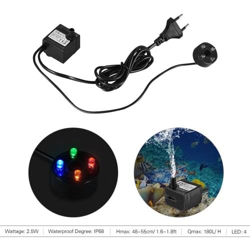 180L/H 2.5W Submersible Water Pump with 4 LED Light Ultra Quiet for Pond Aquarium Fish Tank Tabletop Fountain Hydroponics