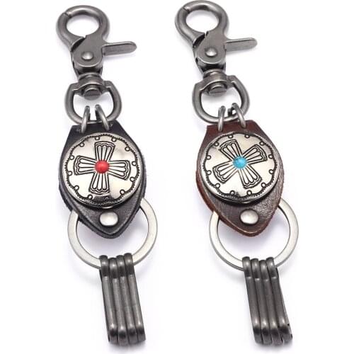 Religious Style Christ Cross Alloy Keychain Vintage Mens Key Accessories Luxurious Red&Green Stone Mosaic Keychain Accessories