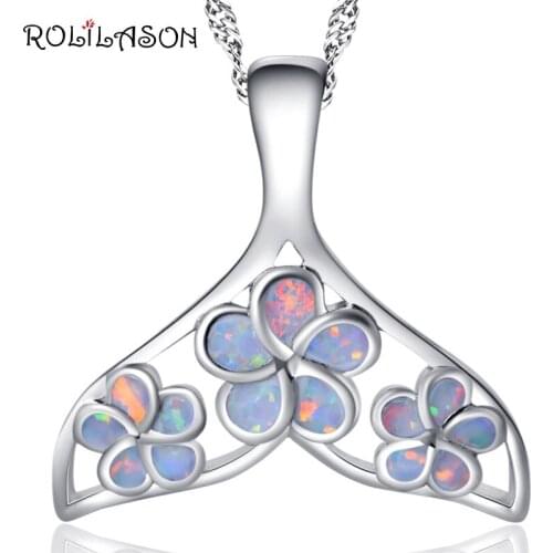 ROLILASON Fish tail White Fire Opal Silver Stamped 925 flower Necklace Pendants for girlfriend party gift OP755
