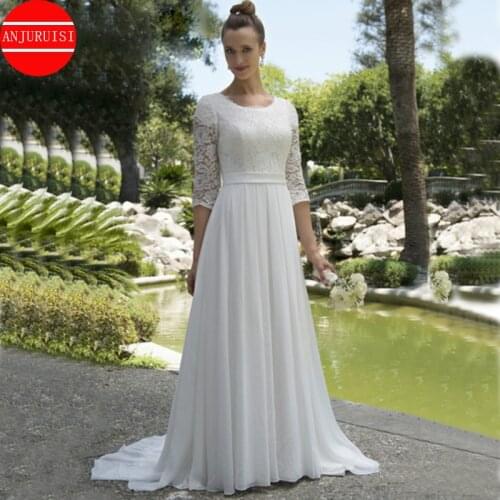 Chiffon Vintage Wedding Dresses 2020 Lace 3/4 Sleeves Garden Bridal Buttons Elegant Bride Vestidos De Novia Robe Mariee Boho