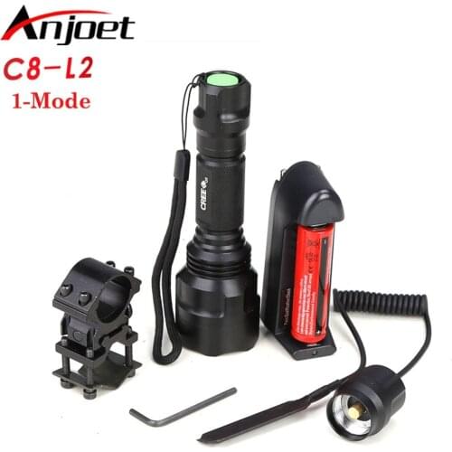 Anjot LED Hunting outdoors Flashlight XML-L2 C8 Tactical Aluminum 1 Modes LED Torch light With 18650 & Charger & Gun Mount