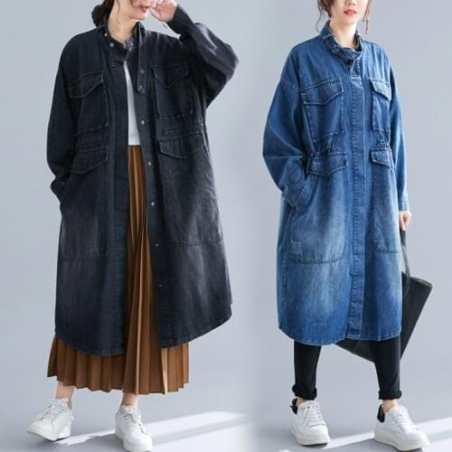 Plus size Grinding White washed Denim Trench coat Womens Mid-length Overcoat Button Stand collar Cardigan Windbreaker Female