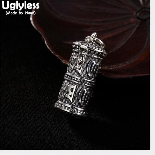 Uglyless 100% Real 990 Pure Silver Handmade Buddhism Mantra Box Pendants Necklaces NO Chains Open Cylinder Pendant Thai Silver