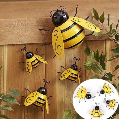 Happy Bee Day Garden Decoration Insect Statue Countryside Style Metal Bumble Bee Ladybug Outdoor Wall Sculptures Fence Ornament