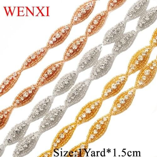 WENXI 5YARD Crystal Rhinestone Applique Sewing On stick on Bridal beaded Trim For Wedding Dress Sash belt Haed band WX882