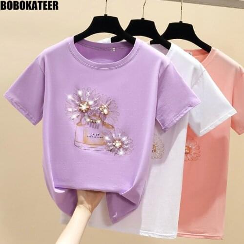 Summer Tshirt Women Clothes Korean White Vintage Tops Women T shirt Printed Pink Beading Tee Shirt Short Sleeve Fashion 2020