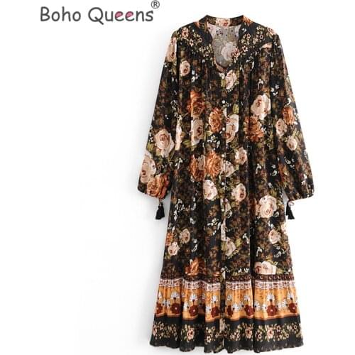 Boho Queens women Floral print single breasted beach Bohemian maxi dress Ladies V neck rayon cotton happie dress vestidos