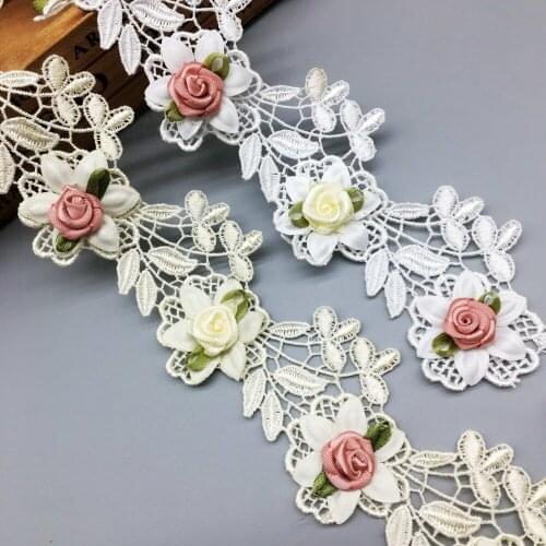 1 yd Apricot Polyester Rose Flower Embroidered Lace Trim Ribbon Fabric Sewing Craft For Costume Wedding Dress Decoration 6.5cm