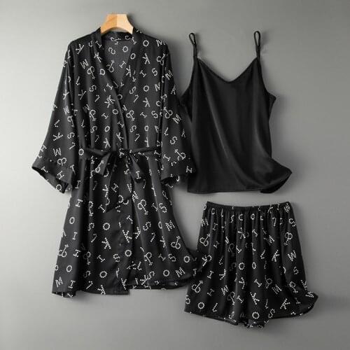 3PCS PJS Set Satin Print Sleepwear Women Pajamas Robe&Strap Top&Shorts Loose Nightwear Lounge Wear Casual Home Clothe Nightgown