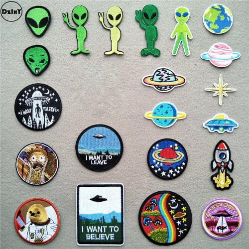 46 Styles) Alien Patches for Clothing UFO Embroidered Appliques Iron on Astronaut Badges Stripes Planets Stickers on Clothes