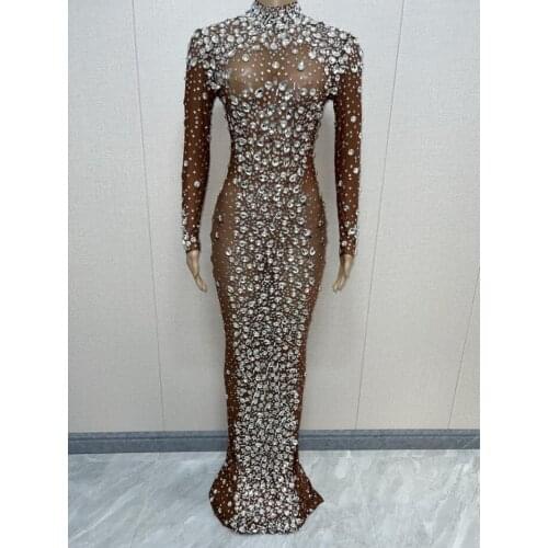 Sparkly Silver Big Crystals Transparent Tan Color Dress Evening Birthday Celebrate Luxurious Costume Dancer Flashing Dress