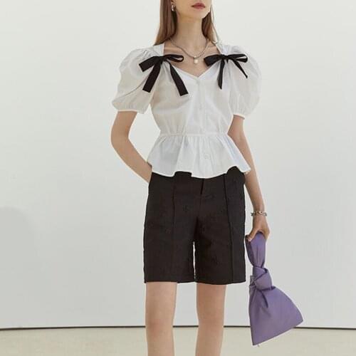 French Bow Design Sweet Casual Tops Women Short Sleeve Thin Elegant Blouse Office Ladies Korean Fashion Summer Shirts 2021 Chic