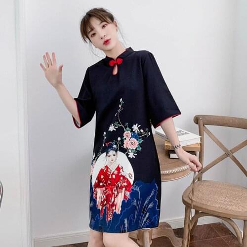 Guofeng Peking Opera Printed Large Size Dress Summer New Literary Temperament Daily Improvement Young Cheongsam