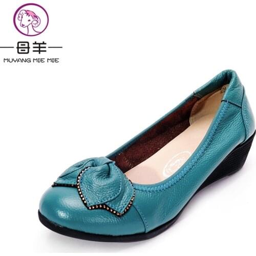MUYANG MIE MIE 2019 Fashion Wedges Women Genuine Leather Wedge Shoes Woman Casual Colorful Shoes High Heels Women Shoes 6 Colors