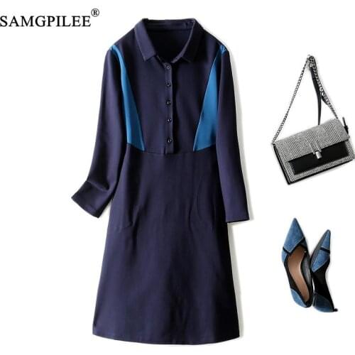 Dress For Woman 2021 New Large Pocket Office Lady A-line Patchwork Wrist Sleeve Knee-length Turn-down Collar Women Dresses 4XL