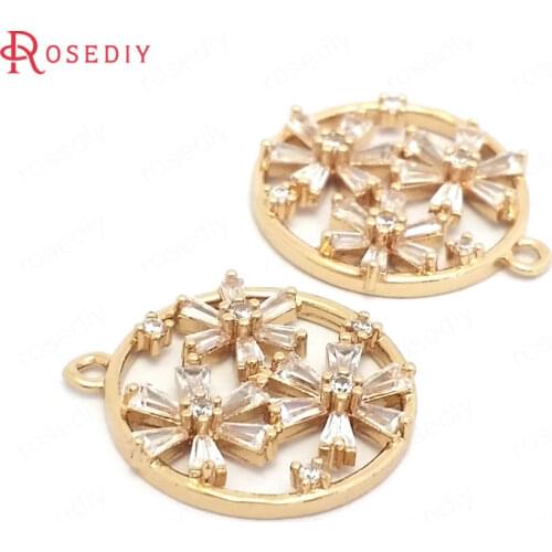 39548)4PCS 18MM 24K Gold Color Brass and Zircon Round Circel 3 Flowers Charms Pendants Jewelry Making Supplies Diy Accessories