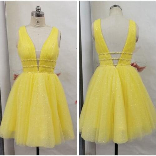 Real Photos Deep V-Neck Short Evening Gowns A Line Yellow Homecoming Dresses Beaded Tulle Girls Party Robes De Soiree