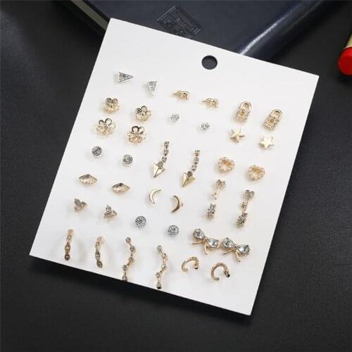 634D 30 Pairs Mixed Round Ball Metal Pearl Crystal Stud Earrings Set Fashion Jewelry
