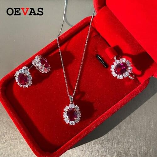 OEVAS 925 Sterling Silver Created Moissanite Ruby Gemstone Earrings/Necklace/Ring Wedding Engagement Jewelry Sets Wholesale