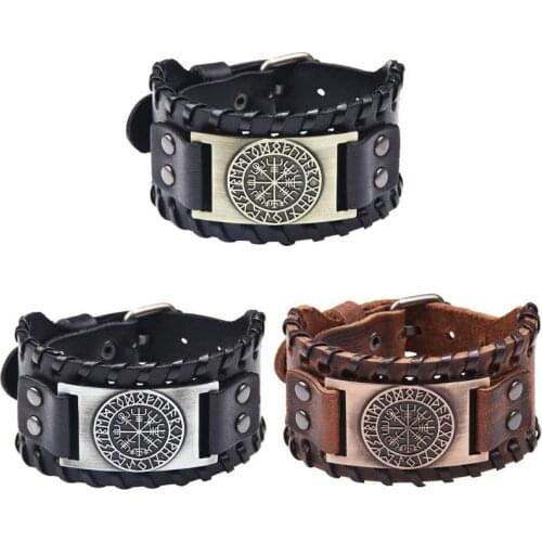 Norse Runes Vegvisir Compass Viking Bracelet Nordic Wristbands Compass Wide Leather Bangle Nordic Men Bracelet Jewelry