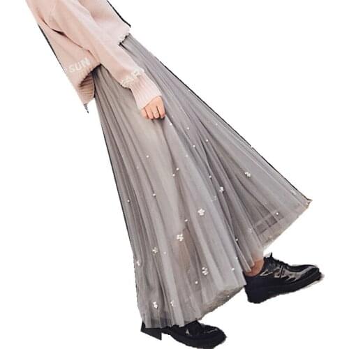 Femininas Fashion Jupe Femme Summer Elastic Waist Mesh Midi Skirts Women High Waist Beading Slim Vintage Pleated Skirt