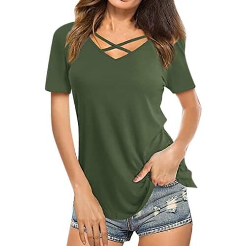 Green Tops 2021 Summer New Tops For Ladies Camisas Mujer Womens Fashion Casual Solid Blouse Cross Sexy V-neck Short Sleeve Top