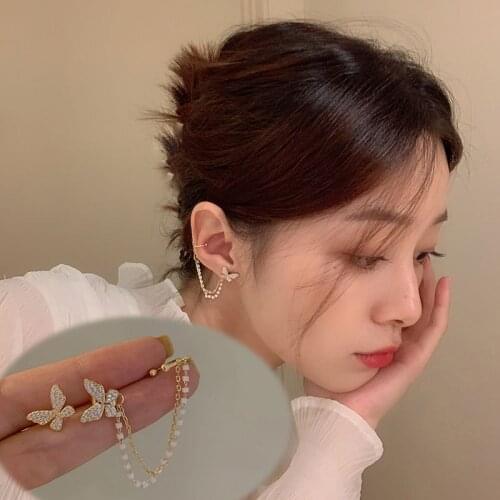 Womens Elegant Butterfly Stud Earrings Korea Asymmetrical Cute Rhinestone Stud Earrings Personality Fashion Earring Chain