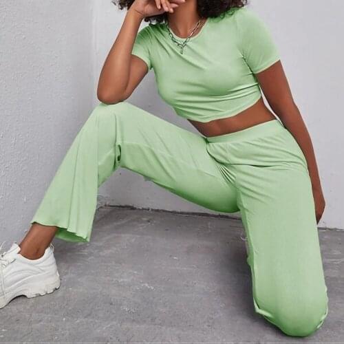 Summer womens Short Sleeved Trousers Leisure Style Polyester 2021 New Solid Color Thread Comfortable Pullover Set