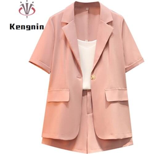 Oversized Women Suit New 2021 Summer Autumn Loose Blazers + Strap Top + Button Fly Shorts Three-Piece Ladies Sets KE1559