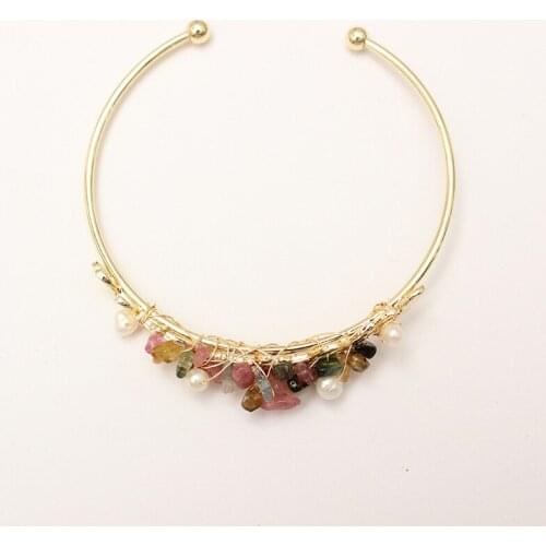 WT-MPB001 WKT Natural Pearl Bracelet Gold Filled Wire Wrapped Tourmaline And Pearl Bangle Women Fashion Bracelet Jewelry
