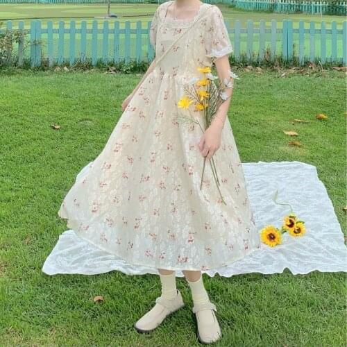 Japanese Style Sweet Fresh Floral Mid-Length High Waist Gentle lolita dress Lace Short Sleeve Dress Female Summer New