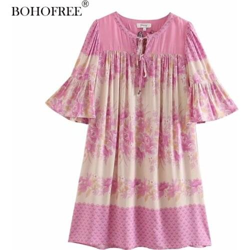 Bohemian Holiday Style Loose Casual Print Hit Color Flower and Bird Embroidery Retro Dress Flared sleeves Woman Vestido