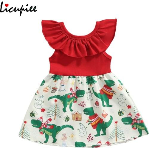 1-6 Years Casual Dresses Spring Cotton Infant Christmas Sleeveless Dress, Girls Dinosaur Print Ruffle Crew Neck 1-piece