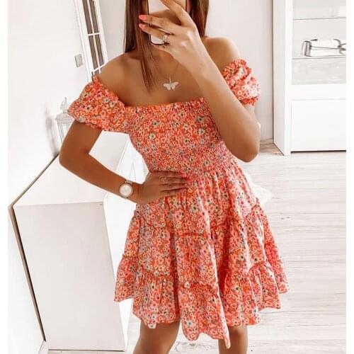 2021 New Summer Women Sexy Backless A-Line Party Dress Puff Shoulder Short Sleeve Ruffle Beach Dress Floral Print Office Lady
