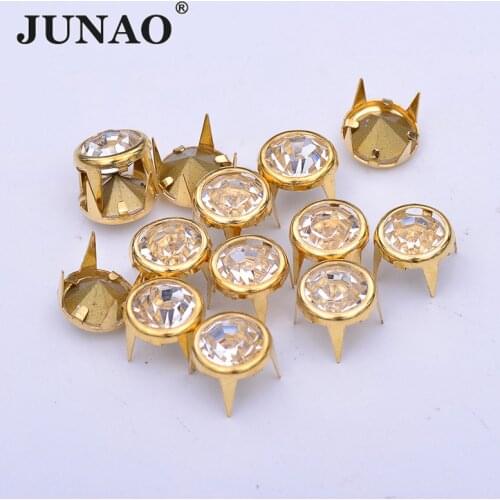 JUNAO 10mm Gold Metal Studs Rivet Rhinestones Tacks Rivet Glass Crystal Studs and Spikes Decor Rivets for Leather Clothes Crafts