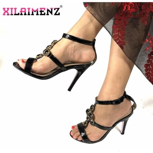 2019 New African Ladies Sexy High Heels Pumps Black Rhinestones Design Ladies Women Pumps Nigerian Sandal Shoes for Parties