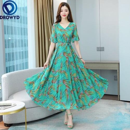 Women 2021 Summer Vintage Print Chiffon Dress Female Fashion Casual Boho Beach Maxi Sundress Women V-neck Party Dress Vestidos
