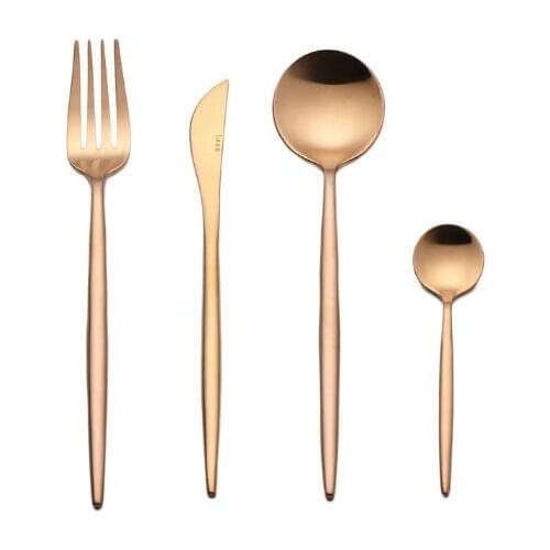 4pcs/set Rose Gold Dinner Set Wedding Golden Travel Cutlery Set 18/10 Stainless Steel Dinner Knife Fork Scoops Silverware Set