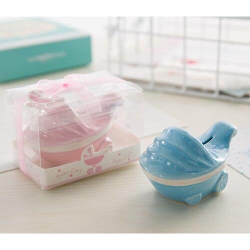 50pcs lot wholesale Pink Blue Stroller design ceramic coin piggy money banks girl Boy birthday baby shower favors souvenirs
