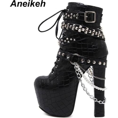 Aneikeh Fashion Rivet Chains Platform Shoes Women Motorcycle Ankle Boots High Heels Black Pumps 16cm Sexy Autumn Winter Boots