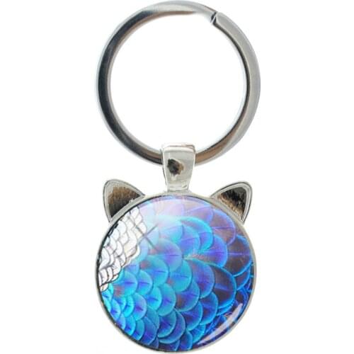 TAFREE Colorful Feather Pattern Cat Ear Keychain Novelty Handmade Silver-plated Ornaments Men And Women Accessories For Friends