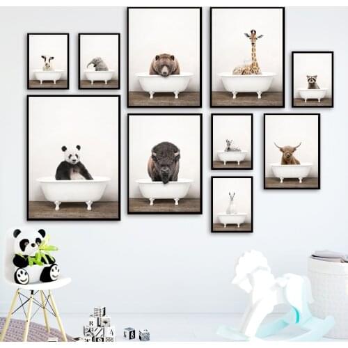 Baby Animal Painting Elephant Lion Zebra Bathtub Nursery Wall Art Canvas Posters Prints Pictures Bathroom Toilet Kid Room Decor