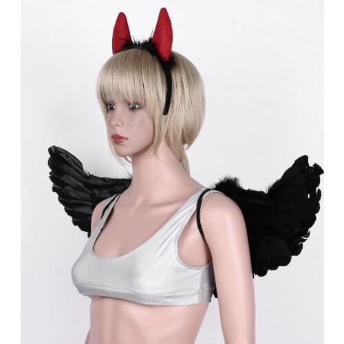 Halloween Devil Costumes for Kids Adult Fancy Cosplay Set Black Feather Wing with Devils Horn Headband Trident Party Decorations