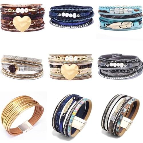 2019 New Fashion Wrap Couples Leather Bracelet Women Men Multi-layer Bracelets Bohemia Lady Charm Shining Statement Jewelry