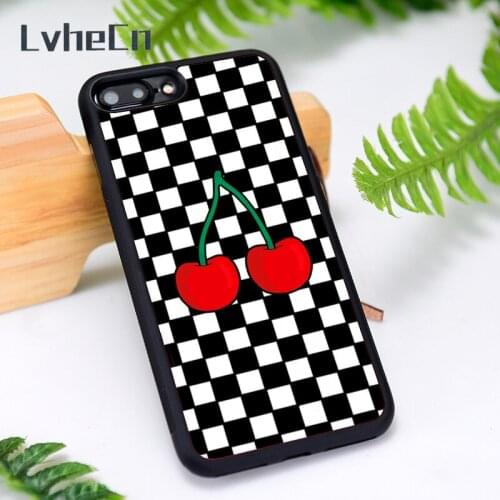 LvheCn Silicone Rubber Phone Case Cover for iPhone 6 6S 7 8 Plus X XS XR 11 12 Mini Pro Max Cherry checkers Chic