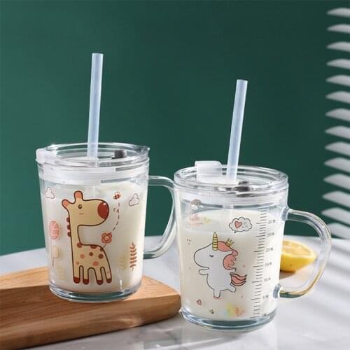 1 Piece Cute Breakfast Milk Powder Cup With Scale Cartoon Glass Mug With Lid Handle Measuring Pipette Kid Milk Cup Microwaveable