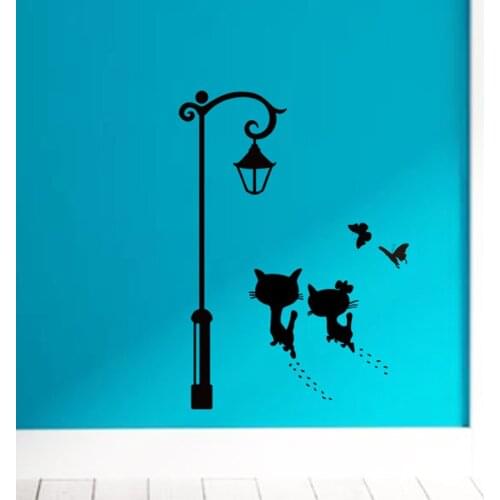 Cute Cat walking under the street light wall sticker Living room Bedroom cupboard decoration Mural Art Decals stickers Wallpaper